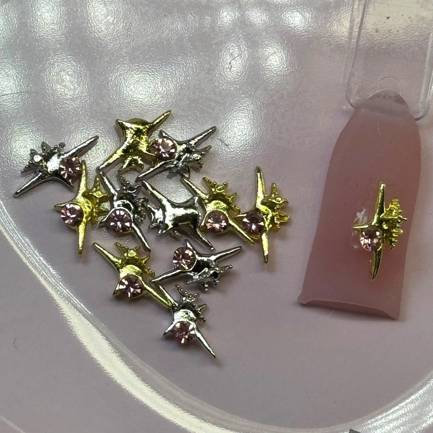 10 PCS 4 - Point Star Nail Charms – Gold & Silver with pink Diamond Accents - JTessentials
