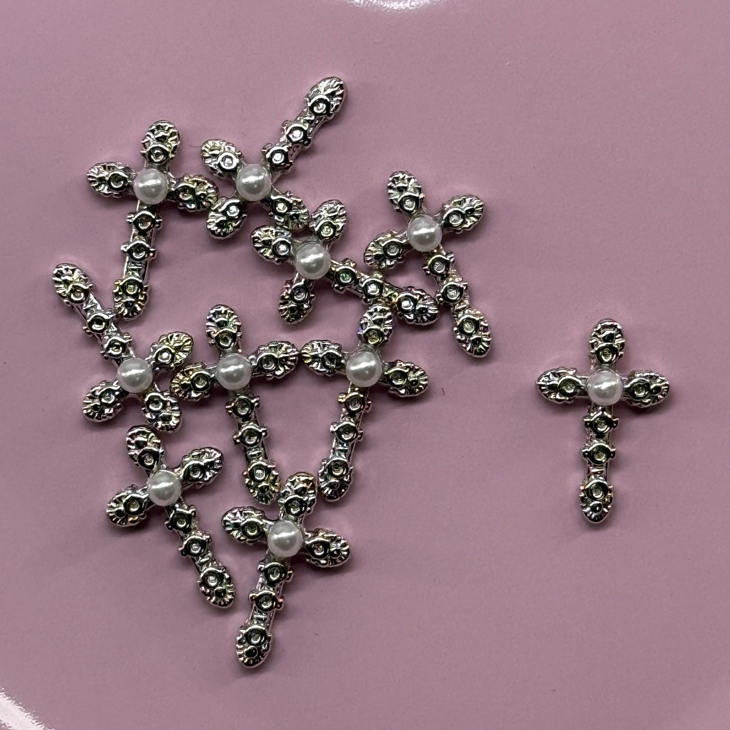 10 pcs silver - Luxury Pearl Cross Nail Charms – 3D Nail Art Decorations - JTessentials
