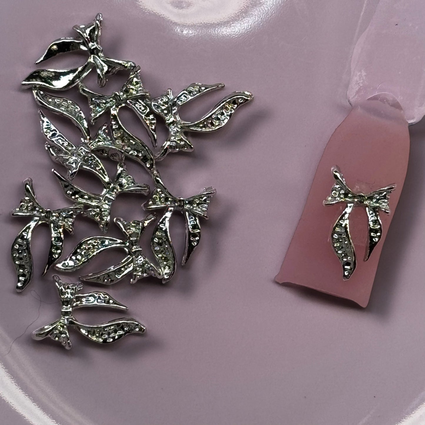 10 - Piece Coquette Silver Bow Nail Charms - Elegant 3D Nail Accessories - JTessentials