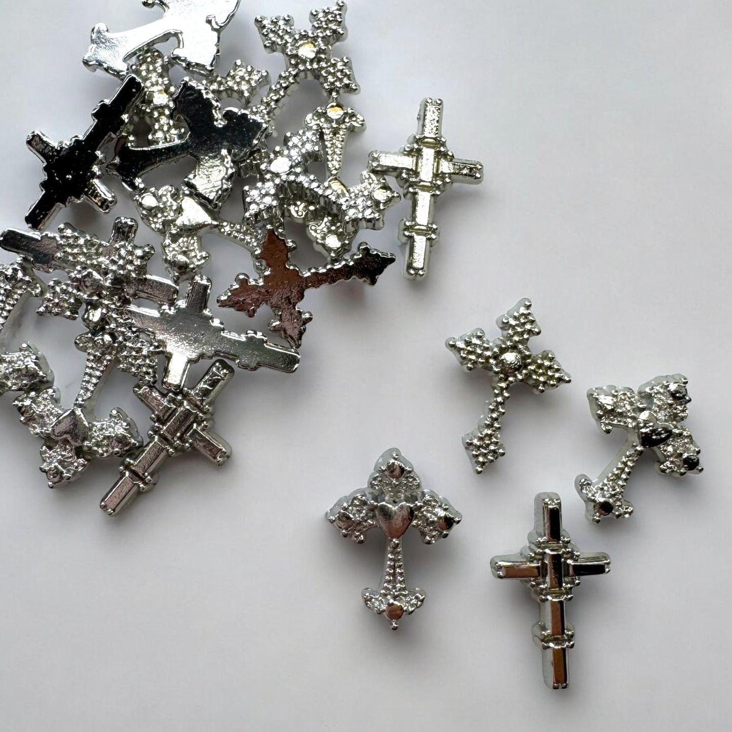 20 - Piece Cross Silver Mix Nail Charms - Stylish Metallic Accent Set for Nail Art - JTessentials