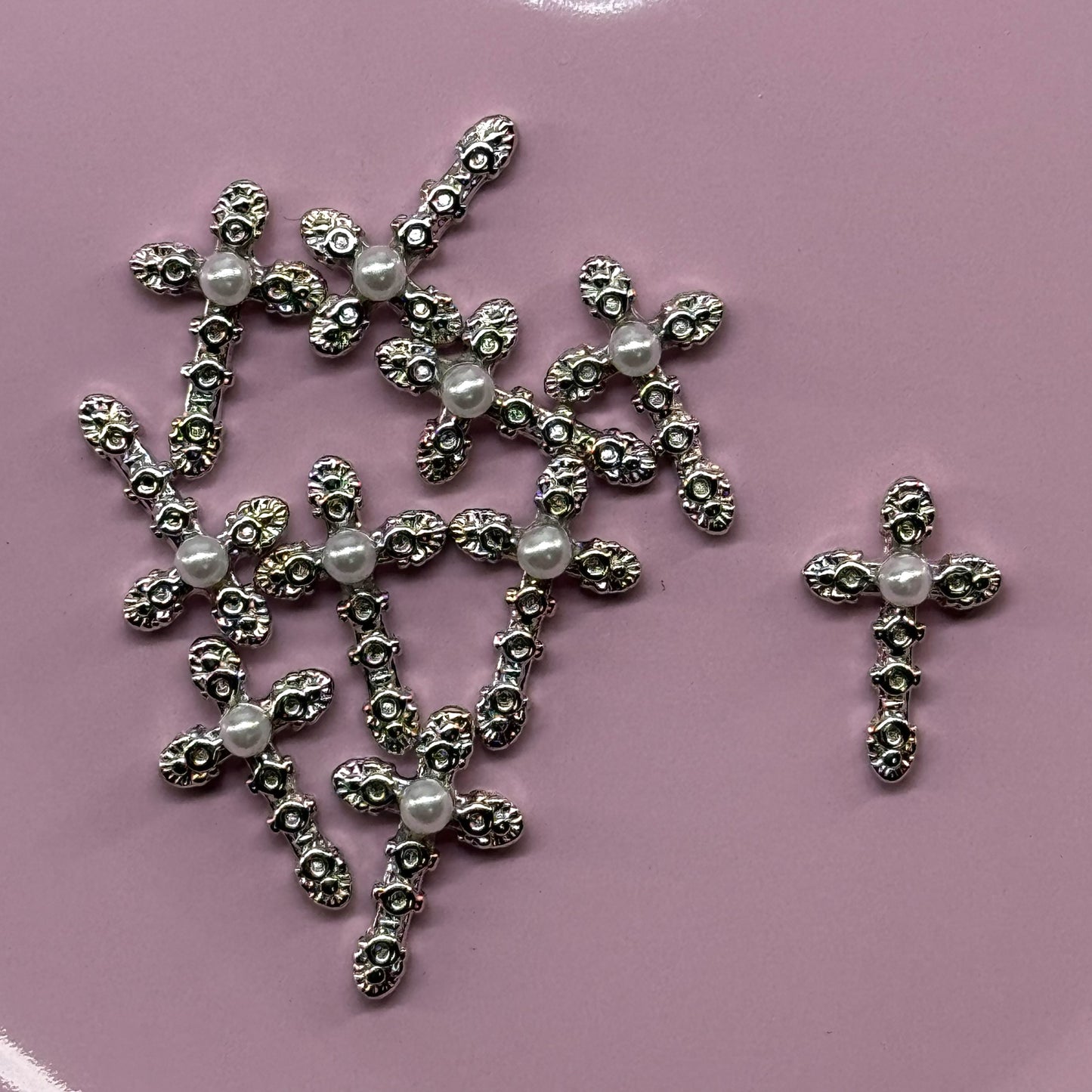 10 pcs silver -Luxury Pearl Cross Nail Charms – 3D Nail Art Decorations