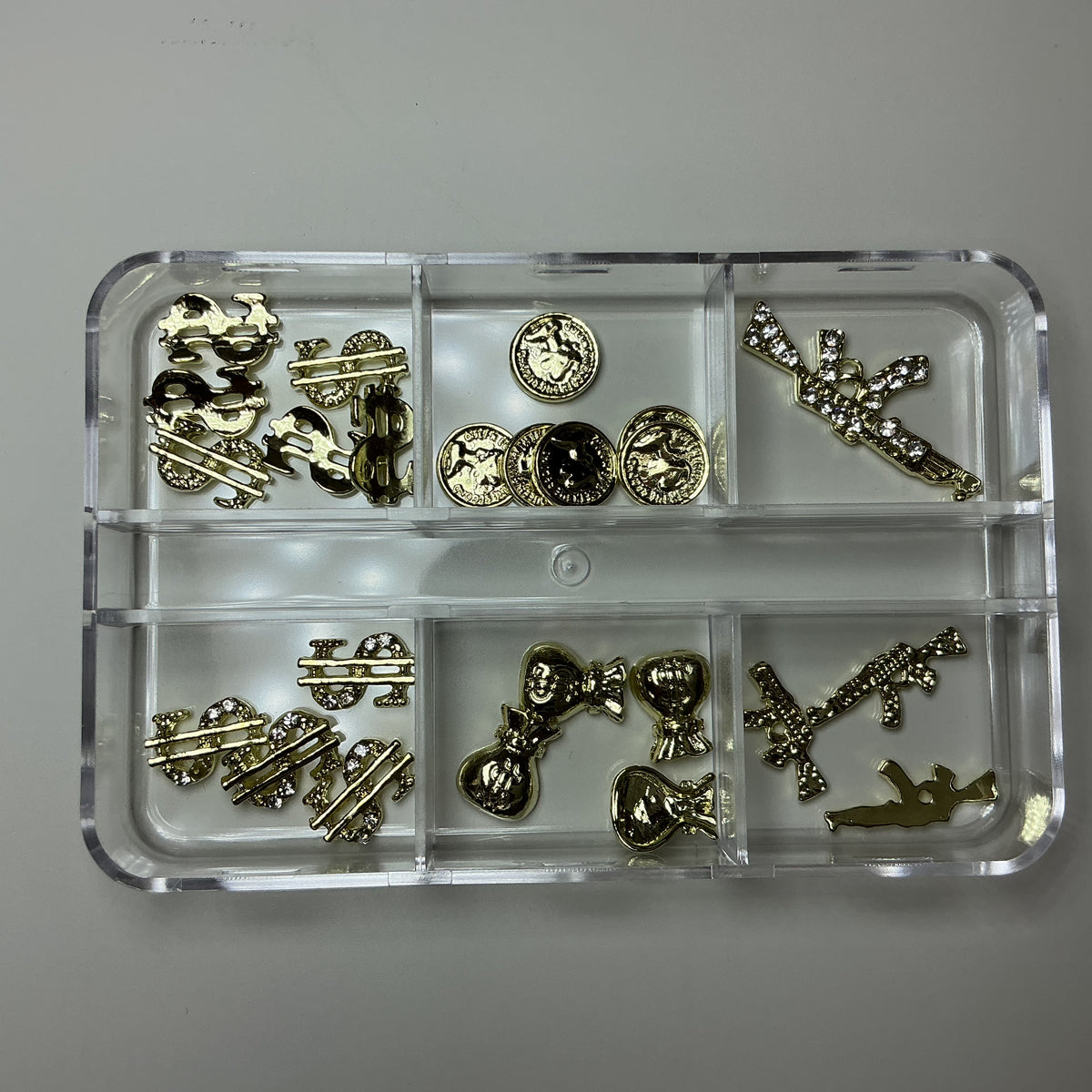 Gold Money Nail Charms Mix – Rhinestone Dollar Sign, Coin & Gun Nail Art Charms