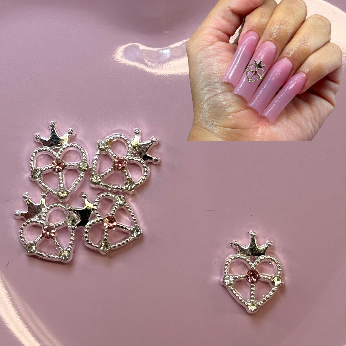 5 pcs Heart with Crown Nail Charms - Silver with Pink Accents for Valentine’s Day - JTessentials
