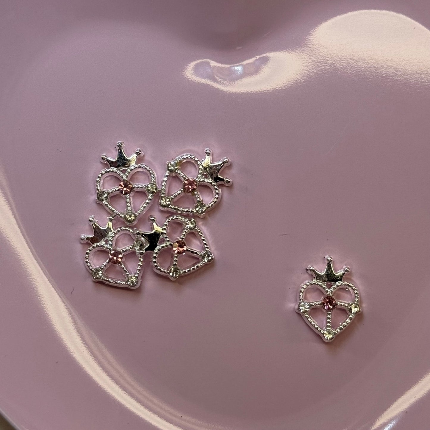 5 pcs Heart with Crown Nail Charms - Silver with Pink Accents for Valentine’s Day - JTessentials