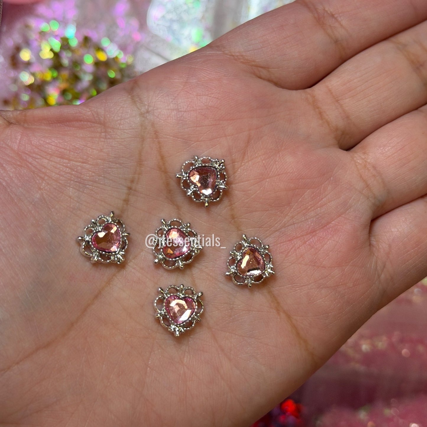 5 pcs Pink Heart Crystal Nail Charm | Silver Frame - JTessentials