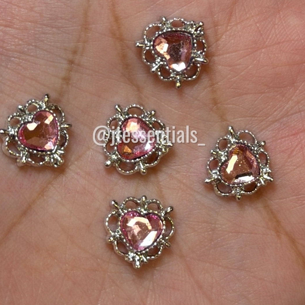 5 pcs Pink Heart Crystal Nail Charm | Silver Frame - JTessentials