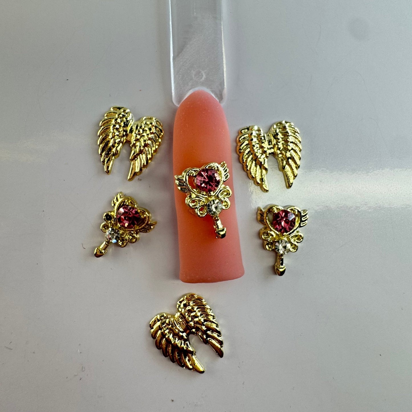 6 pcs My Angel Mix: 3 Wing & 3 Heart Charms – Pink Nail Art Embellishments - JTessentials