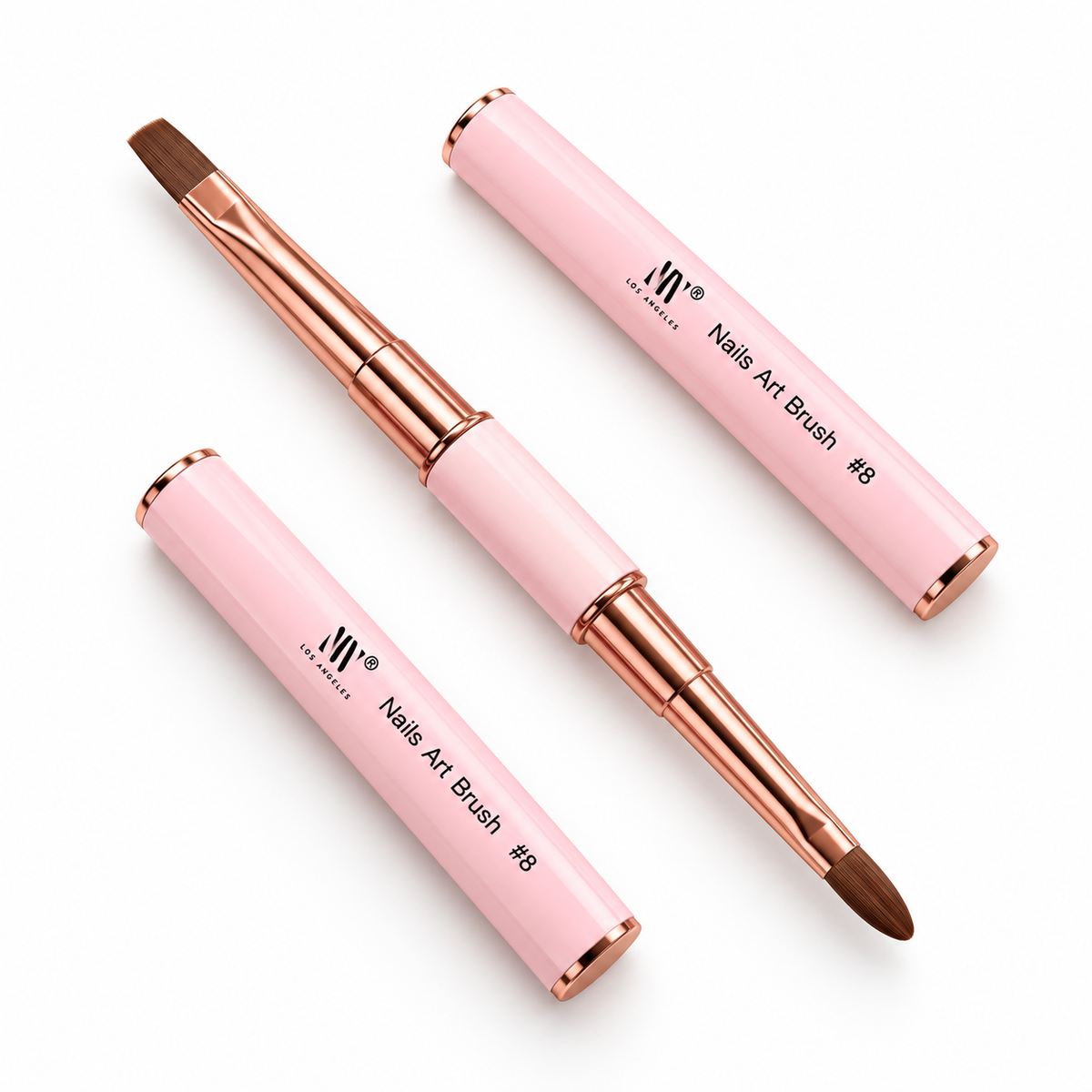 Double-Ended Nail Art Brush #8 with Caps – Pink & Rose Gold