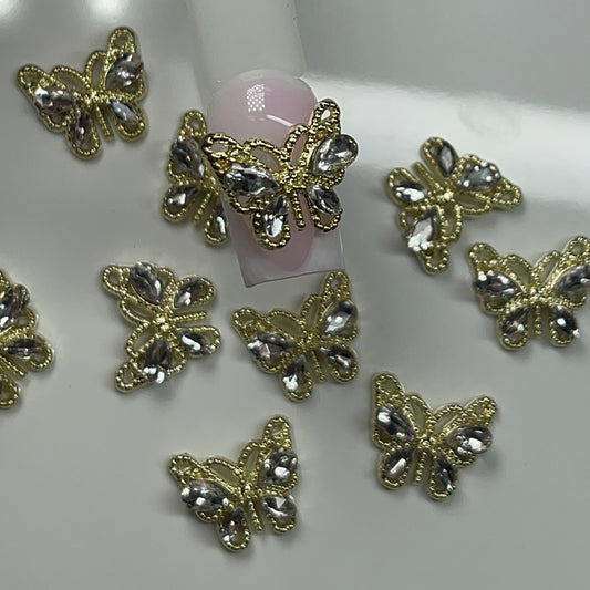 10 PCs Gold butterfly Charm w/ silver Rhinestone