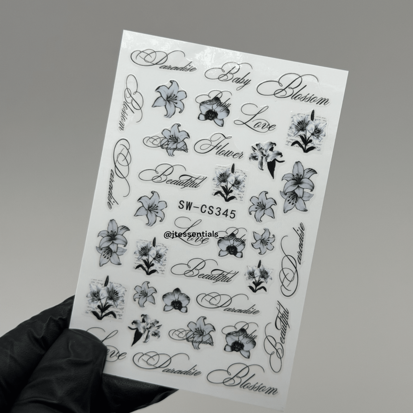 Black Floral Nail Art Stickers – Elegant Flower & Script Decals - JTessentials