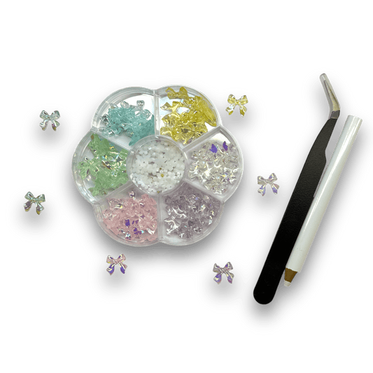 Bow Nail Charm Mix Box - 6 Glossy Colors with Wax Pen & Tweezer Set - JTessentials