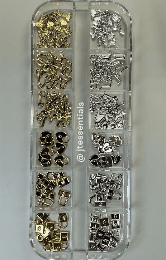 Lock & Key Metal Nail Charms Set - Gold & Silver 3D Nail Art Accessories - JTessentials