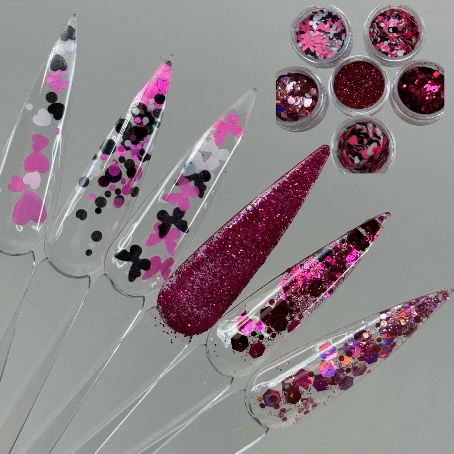 02 | 6 - Piece Glitter Nail Art Set - Pink Heart Decorations for Stunning Designs - JTessentials