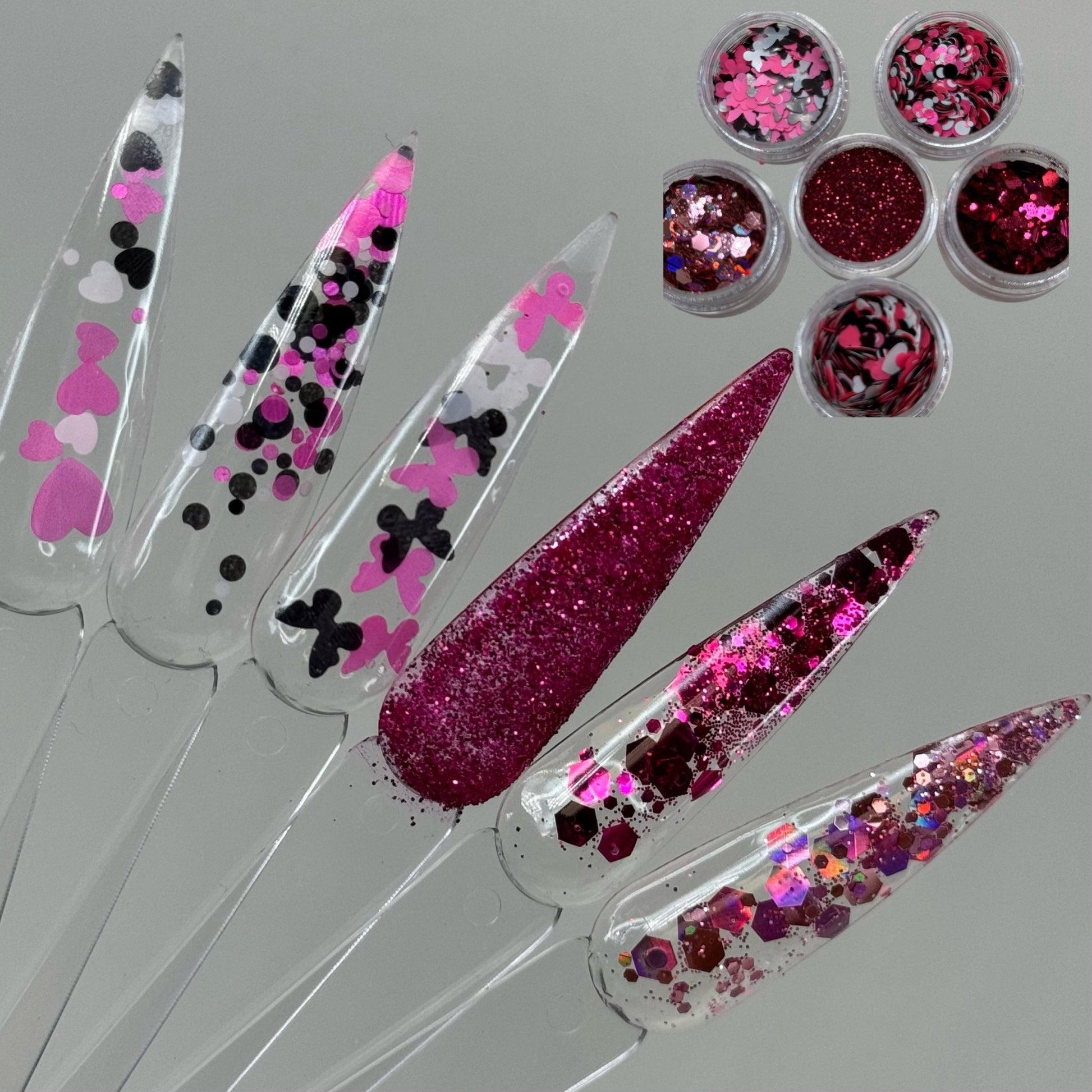 02 | 6 - Piece Glitter Nail Art Set - Pink Heart Decorations for Stunning Designs - JTessentials