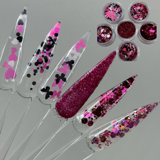02 | 6 - Piece Glitter Nail Art Set - Pink Heart Decorations for Stunning Designs - JTessentials