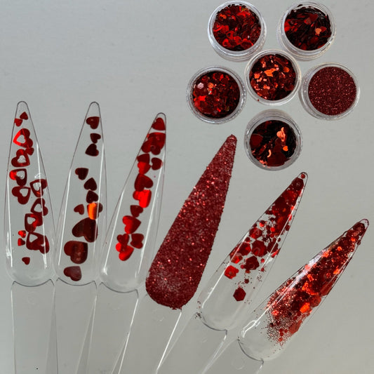 03| 6 - Piece Glitter Nail Art Set - Red Heart Decorations for Stunning Designs - JTessentials