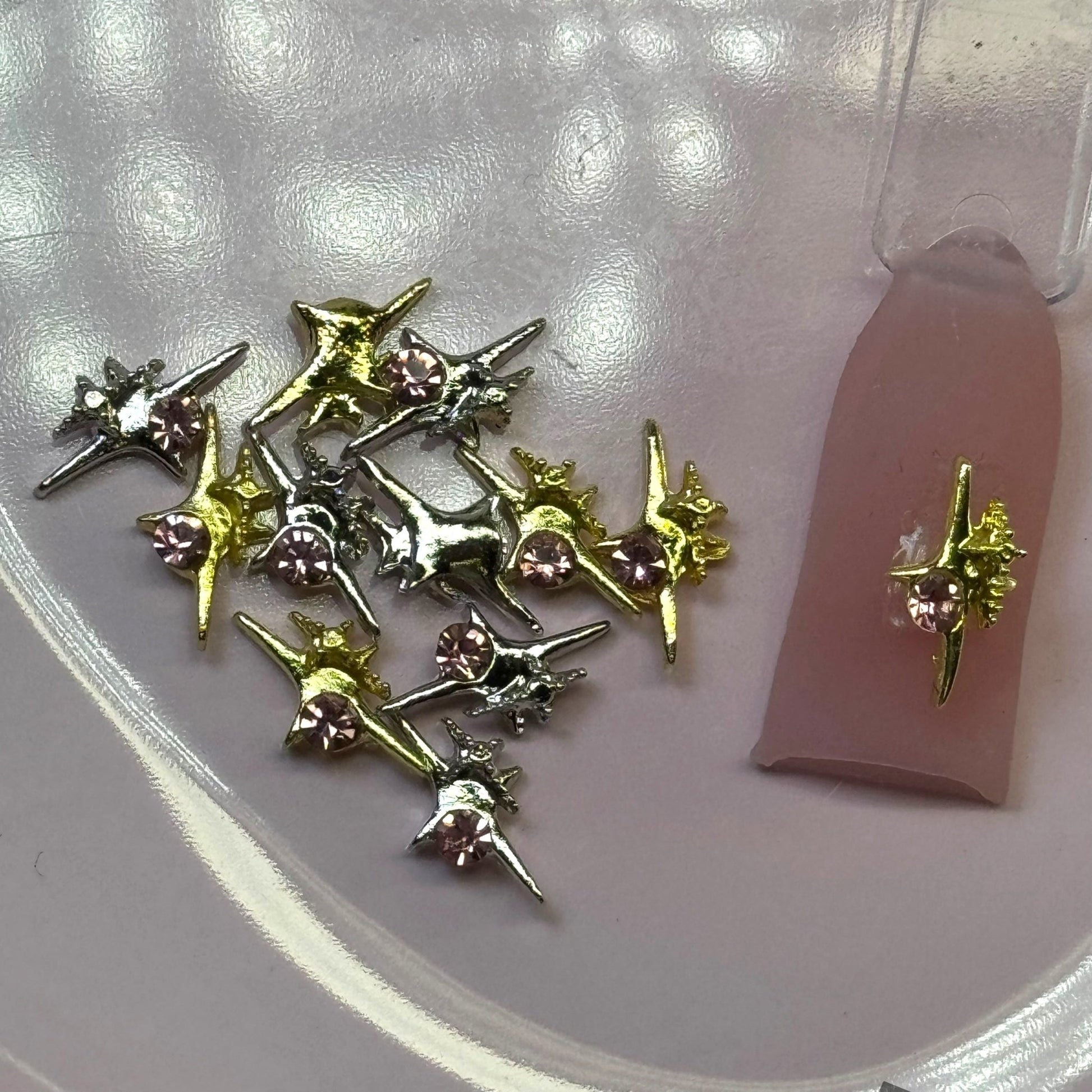 10 PCS 4 - Point Star Nail Charms – Gold & Silver with pink Diamond Accents - JTessentials