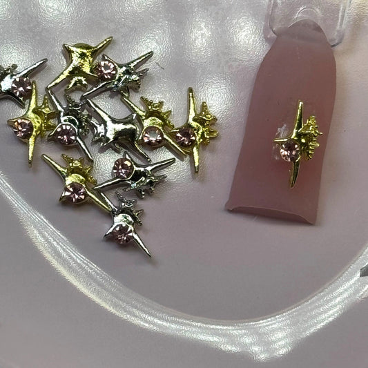 10 PCS 4 - Point Star Nail Charms – Gold & Silver with pink Diamond Accents - JTessentials