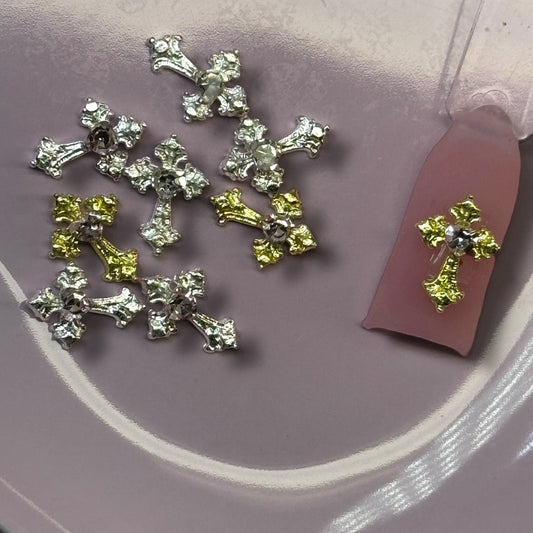 10 Pcs Gold & Silver Cross Nail Charms with Pink Diamond Center – 3D Nail Art Embellishments - JTessentials