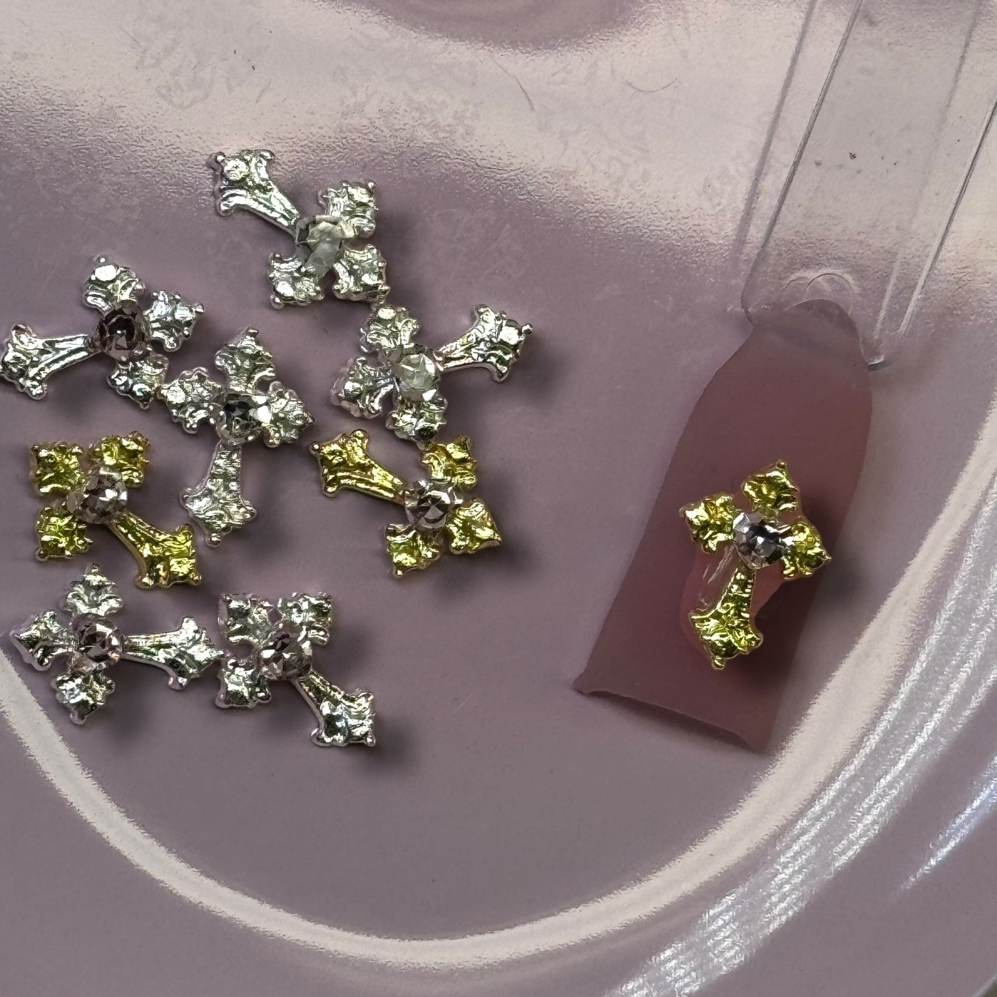 10 Pcs Gold & Silver Cross Nail Charms with Pink Diamond Center – 3D Nail Art Embellishments - JTessentials