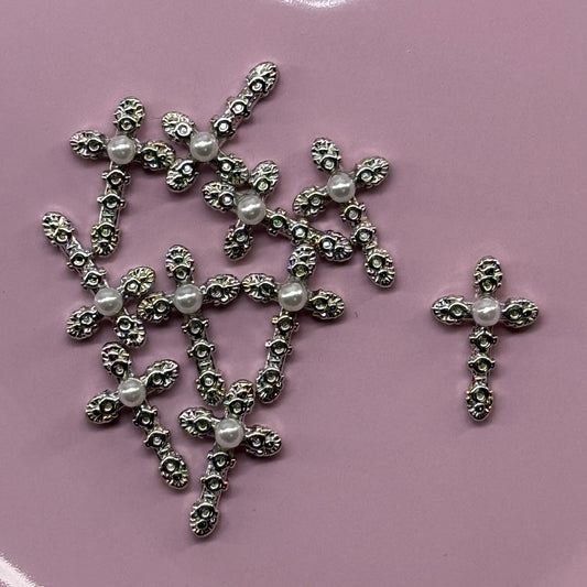 10 pcs silver - Luxury Pearl Cross Nail Charms – 3D Nail Art Decorations - JTessentials