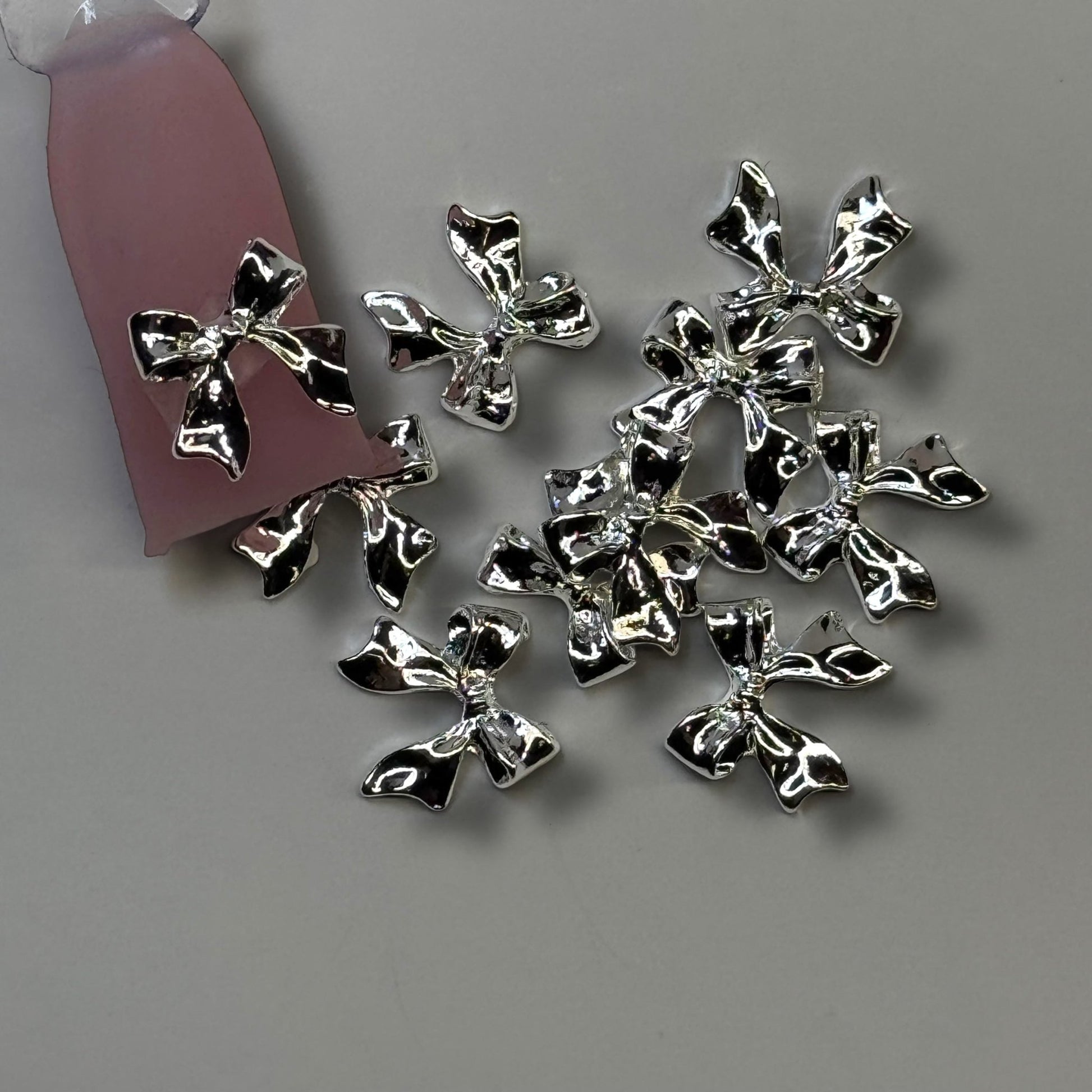10 - Piece Silver Bow Nail Charms - Elegant 3D Nail Art Decorations - JTessentials