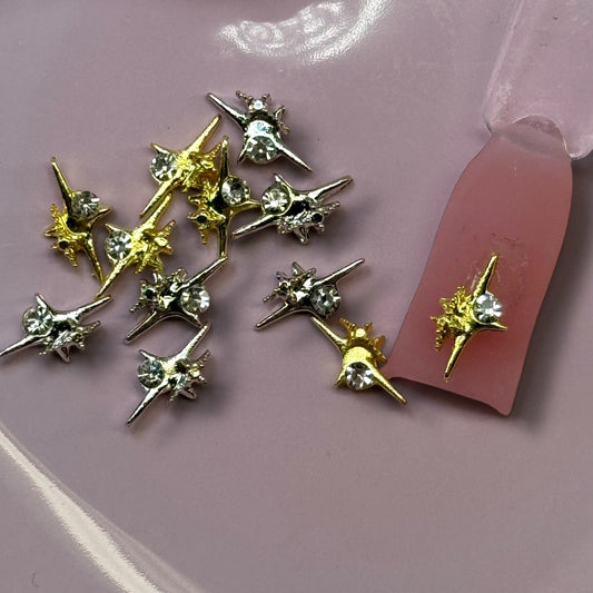 10PCS Silver & Gold Starburst Nail Charms with Clear Diamond – 4 - Point Accent Nail Decorations - JTessentials