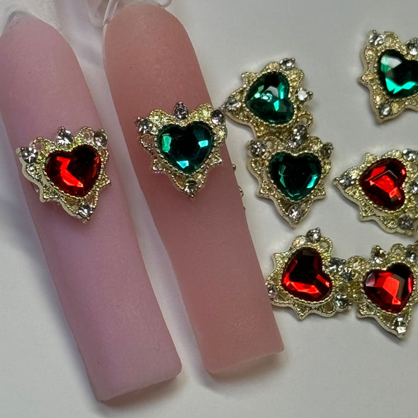 10 PCs Red & Green heart nail charm mix