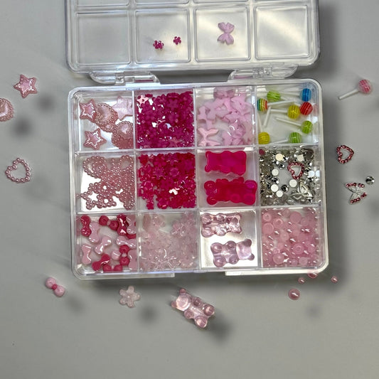 12 Grit Pink Nail Charm Box – Cute 3D Kawaii Nail Art Decorations | Hearts, Bows, Bears, Stars & More - JTessentials