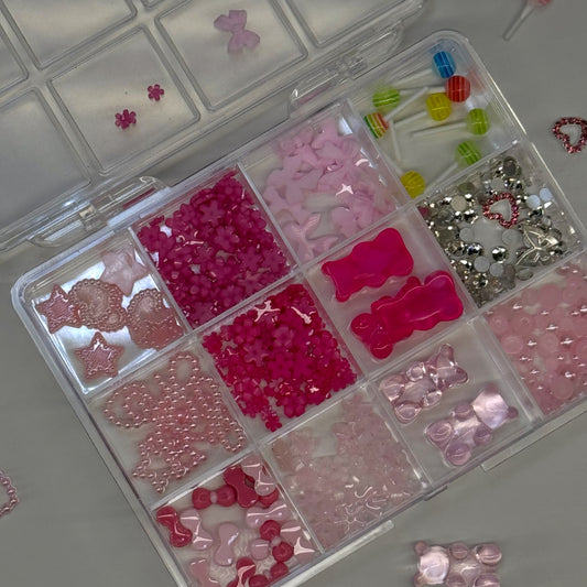 12 Grit Pink Nail Charm Box – Cute 3D Kawaii Nail Art Decorations | Hearts, Bows, Bears, Stars & More