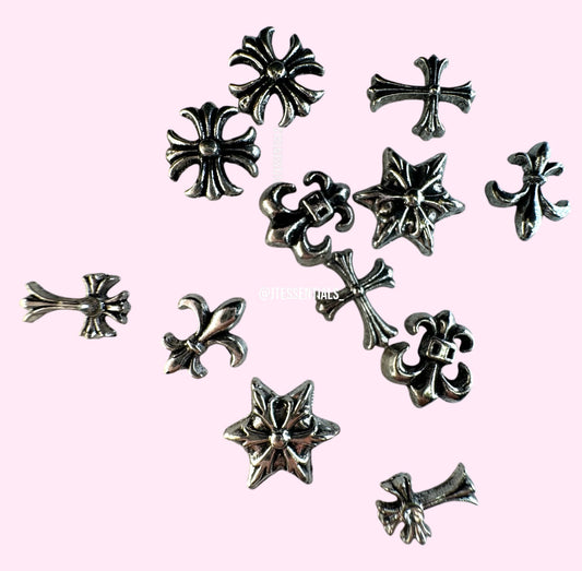 12pcs Cross Mix Nail Charms – 4 Variety Set (Silver, Black, Gold)