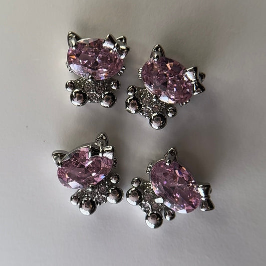 4 Pcs Pink & Silver Hello Kitty Crystal Diamond Face Nail Charms | Cute 3D Nail Art Accessories - JTessentials