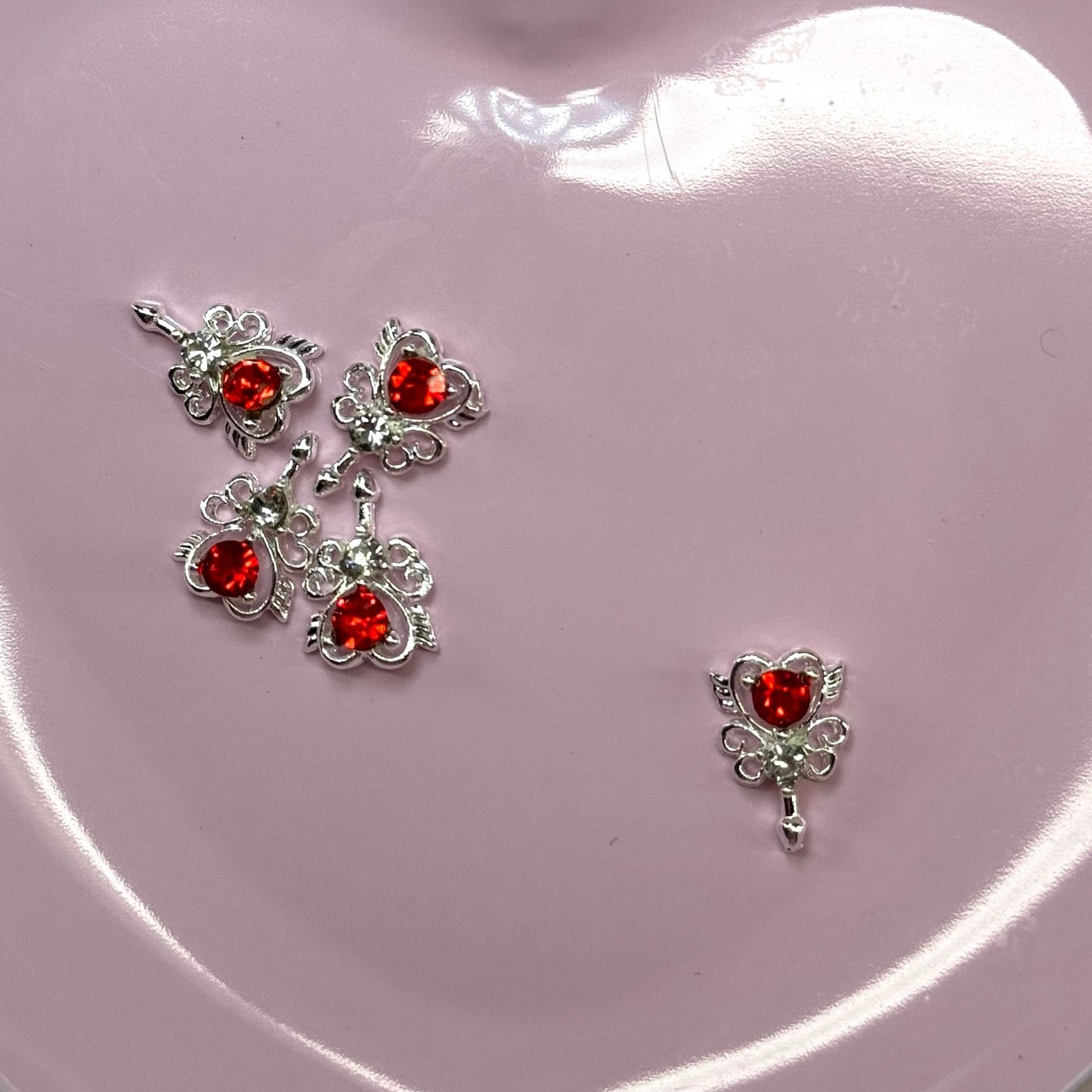 5 pcs Heart Nail Charms - red and silver Accents Perfect for Valentine’s Day