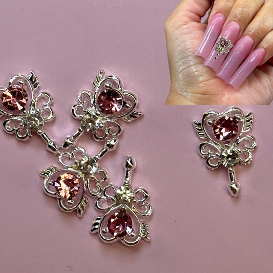 5 pcs Heart Nail Charms - Silver with Pink Accents Perfect for Valentine’s Day - JTessentials