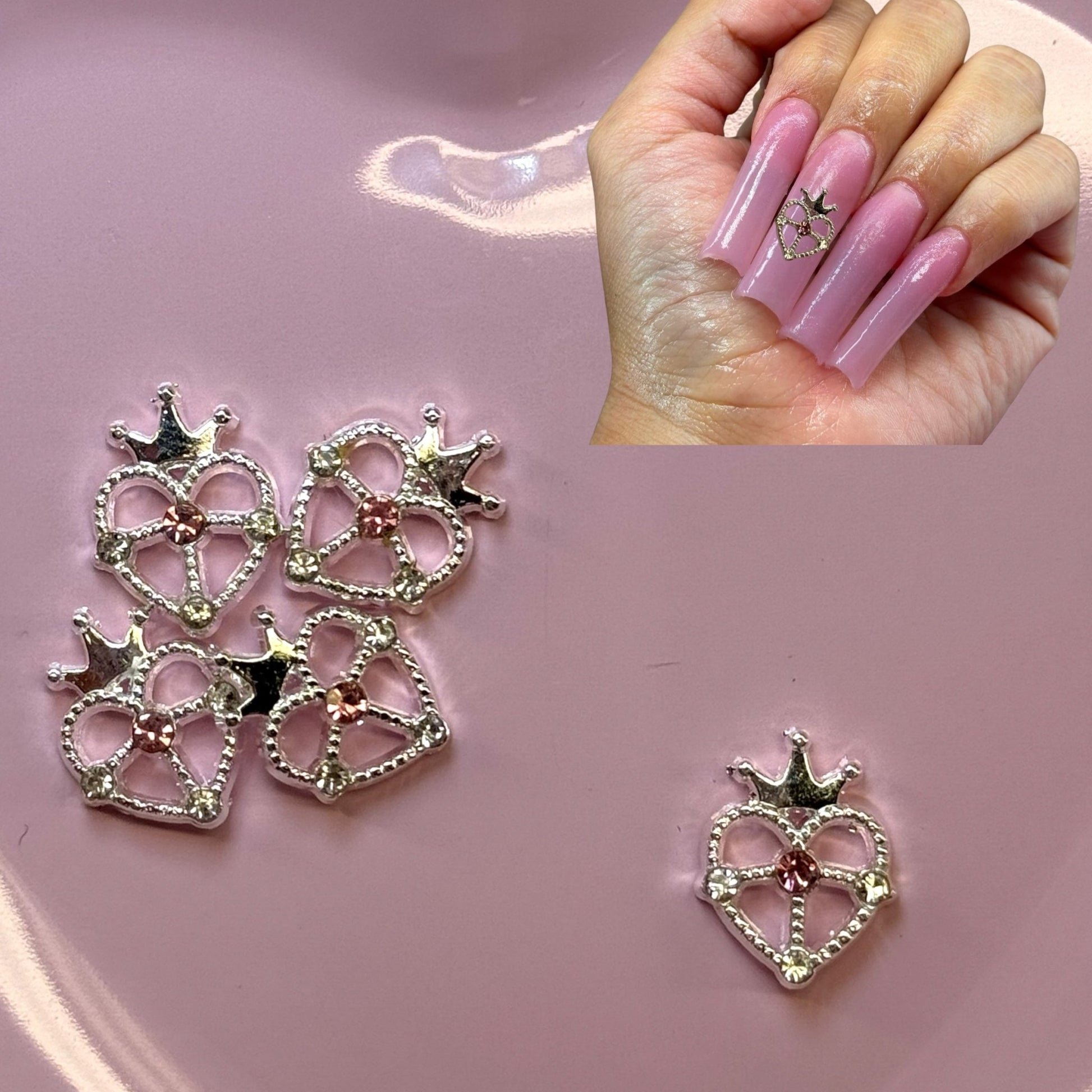 5 pcs Heart with Crown Nail Charms - Silver with Pink Accents for Valentine’s Day - JTessentials
