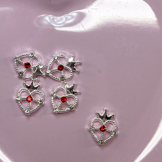 5 pcs Heart with Crown Nail Charms - silver with red Accents for Valentine’s Day - JTessentials