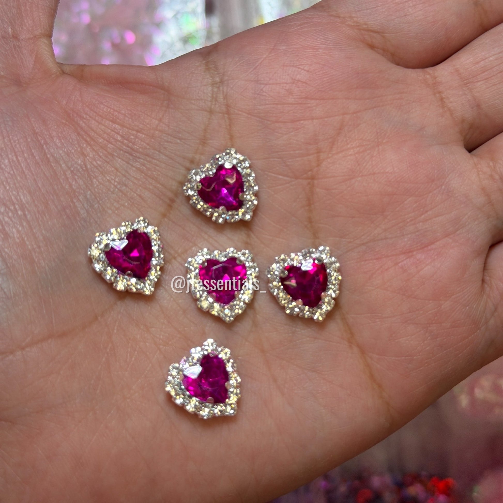 5 pcs hot Pink Heart Crystal Nail Charm | Silver Frame - JTessentials