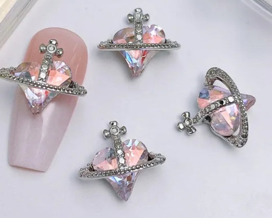 HEART PLANET Metal Nail Charms 2pcs (Gold/Clear) #682