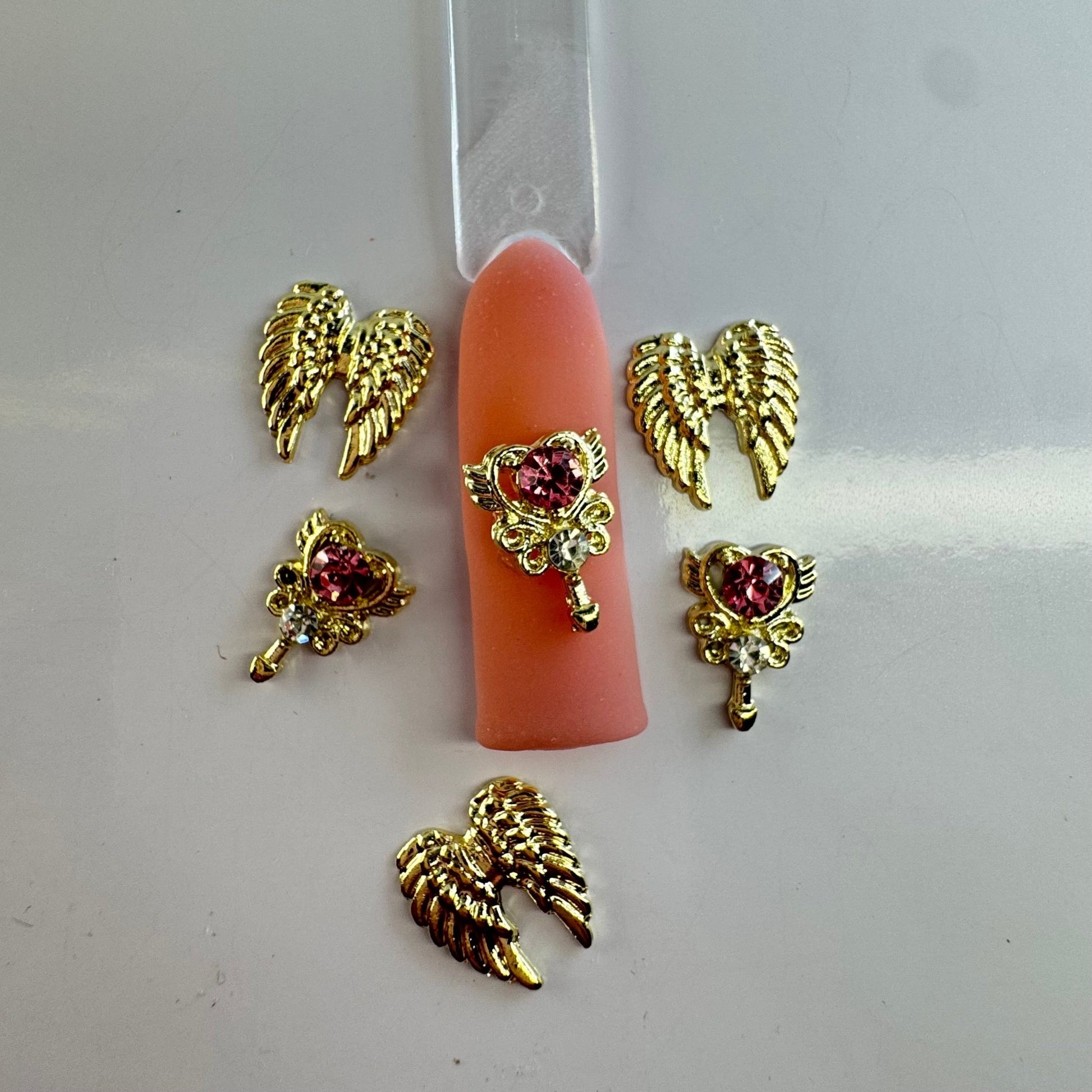 6 pcs My Angel Mix: 3 Wing & 3 Heart Charms – Pink Nail Art Embellishments - JTessentials