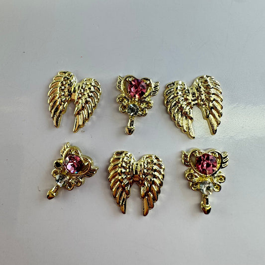 6 pcs My Angel Mix: 3 Wing & 3 Heart Charms – Pink Nail Art Embellishments - JTessentials