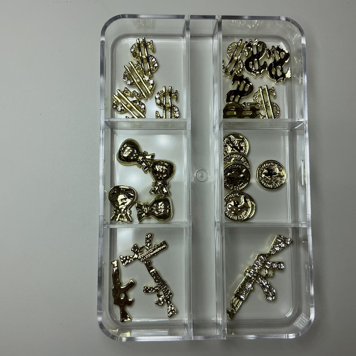 Gold Money Nail Charms Mix – Rhinestone Dollar Sign, Coin & Gun Nail Art Charms