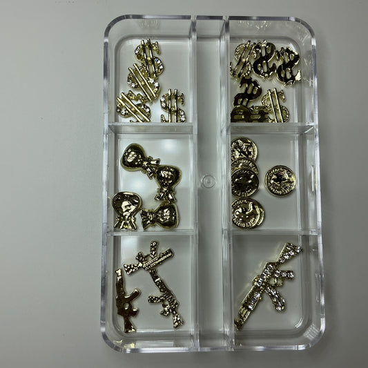 Gold Money Nail Charms Mix – Rhinestone Dollar Sign, Coin & Gun Nail Art Charms