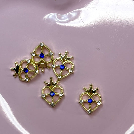 5 pcs Heart with Crown Nail Charms - blue & Gold  with Accents for Valentine’s Day