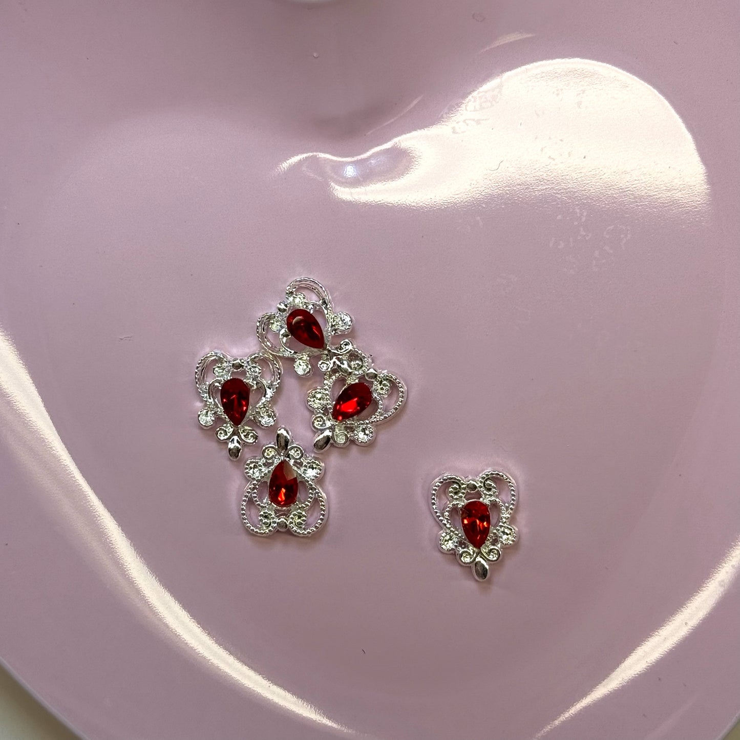 5 pcs silver and red  Heart Nail Charms- Elegant Accent for Nail Art