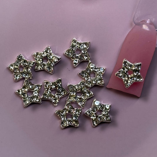 10 pcs Rhinestone Hollow Star Nail Charms – Silver Crystal Stars for Nail Art