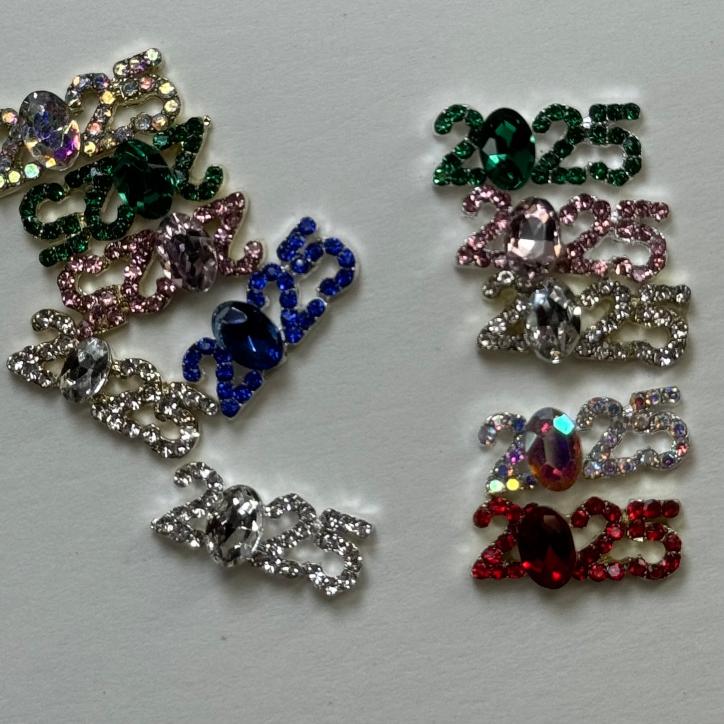 10 Pcs 2025 Nail Charms - Red, Pink, Gold, Silver, Green & Blue Mix Bling