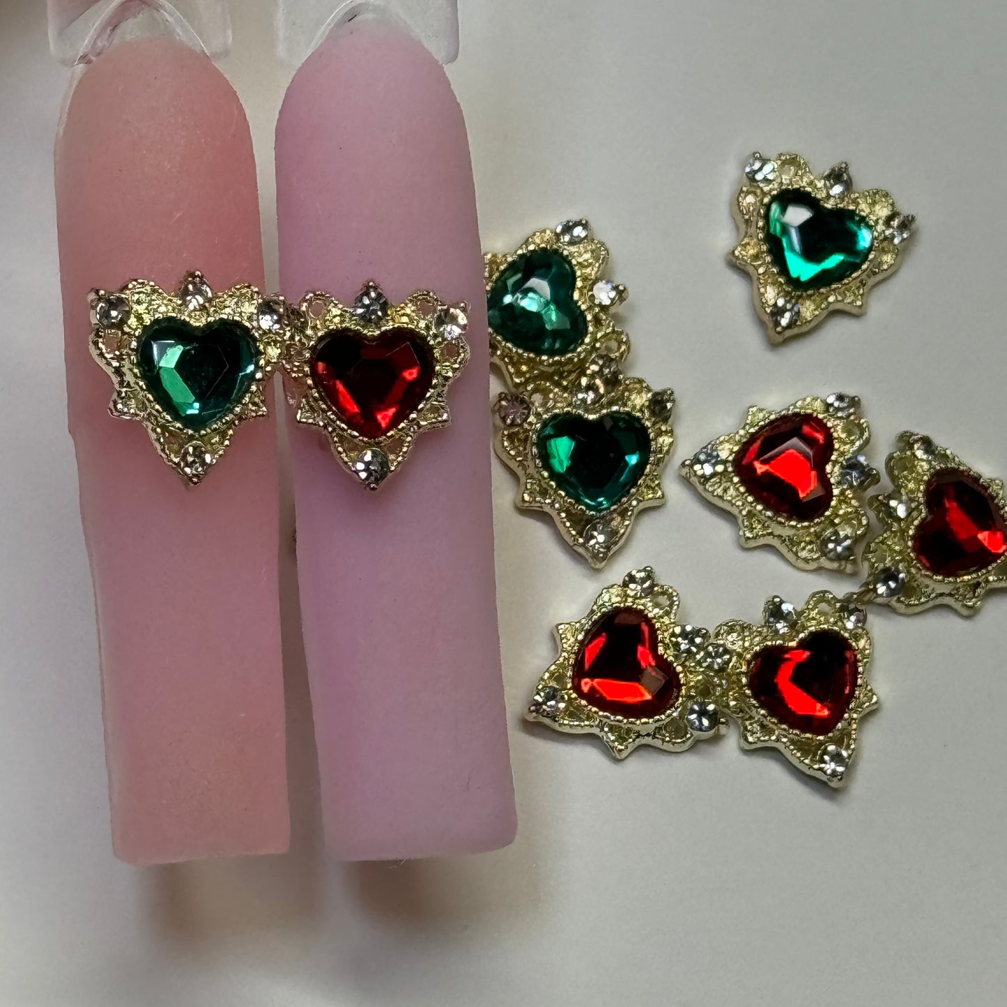 10 PCs Red & Green heart nail charm mix