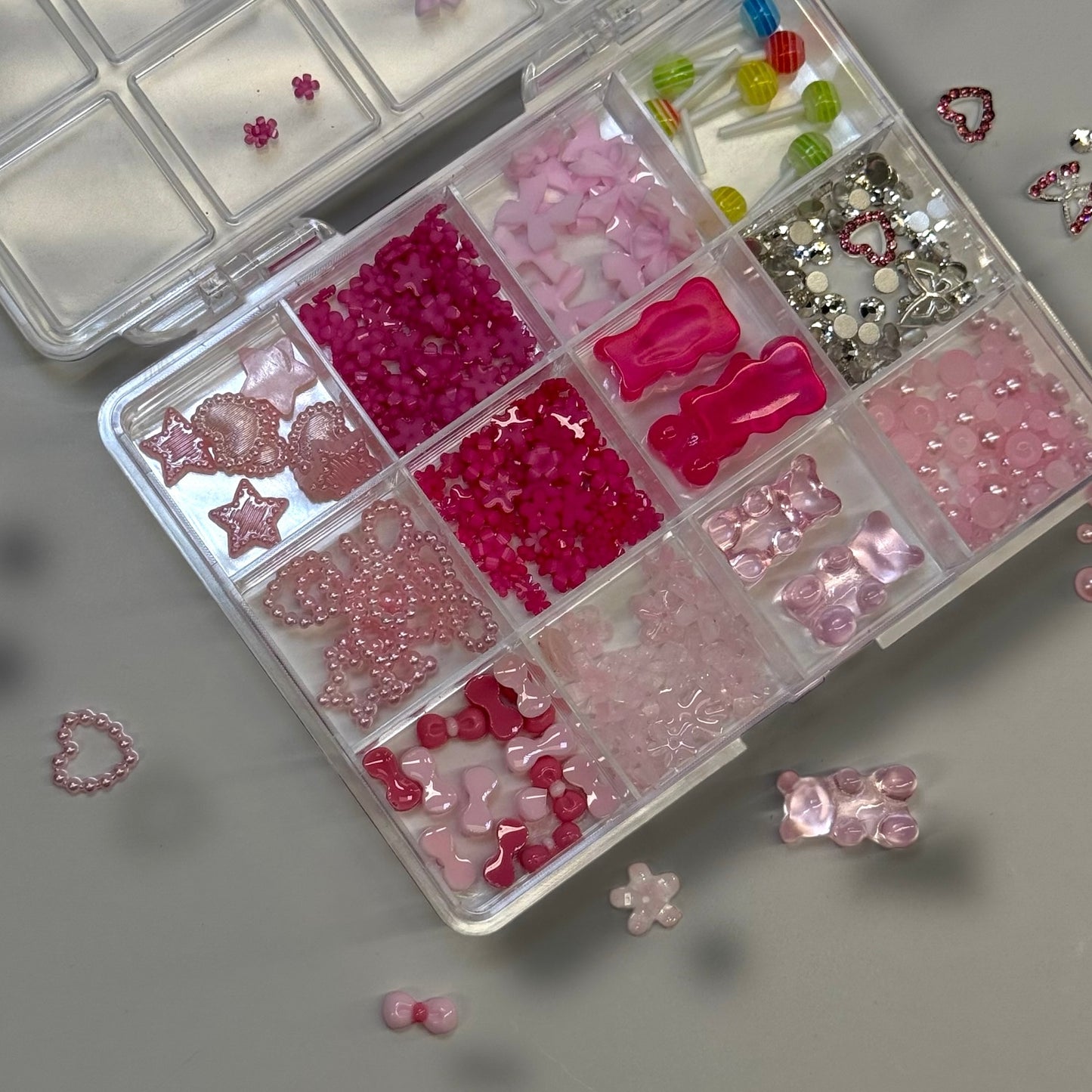12 Grit Pink Nail Charm Box – Cute 3D Kawaii Nail Art Decorations | Hearts, Bows, Bears, Stars & More
