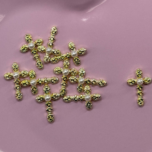 10 pcs Gold -Luxury Pearl Cross Nail Charms –  3D Nail Art Decorations