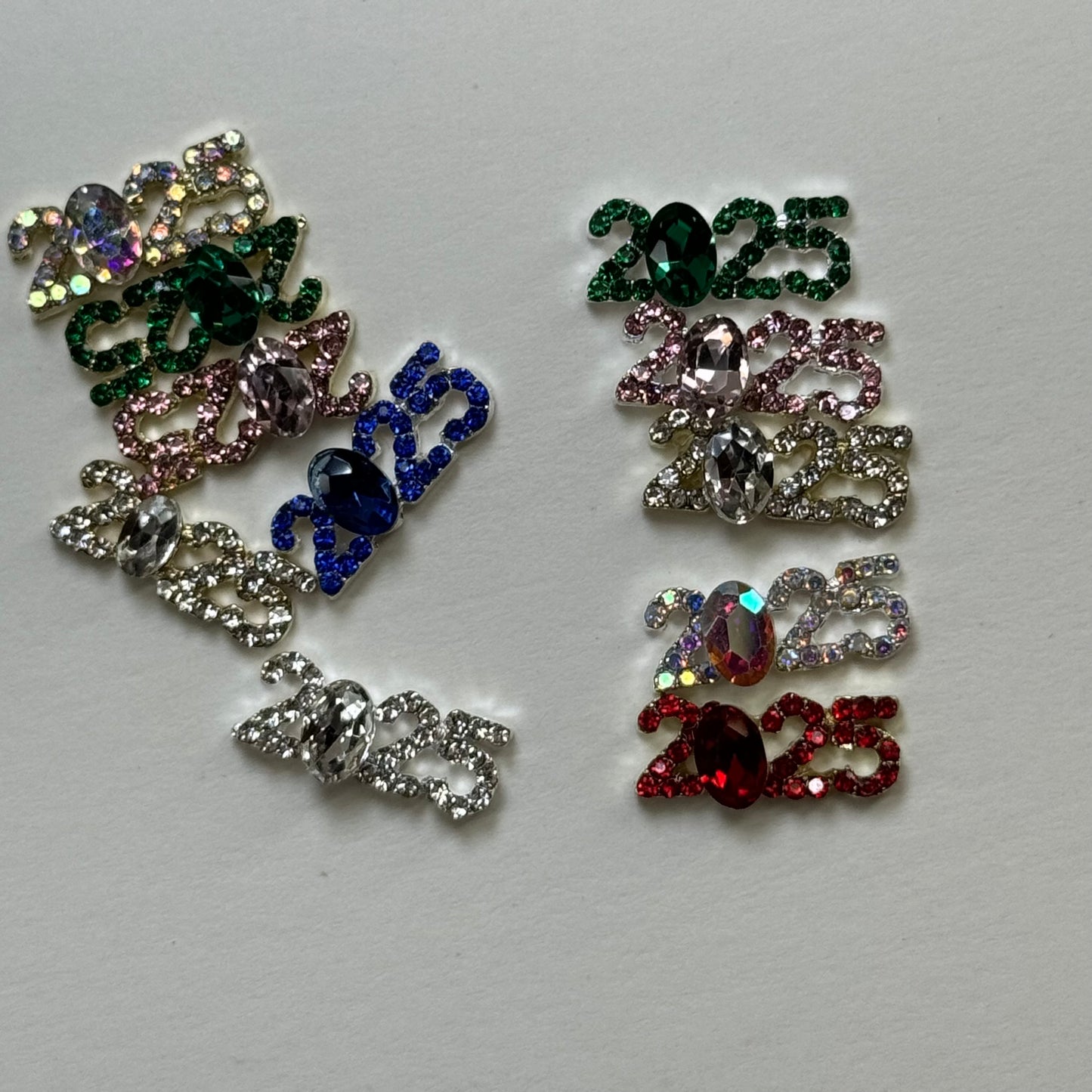 10 Pcs 2025 Nail Charms - Red, Pink, Gold, Silver, Green & Blue Mix Bling